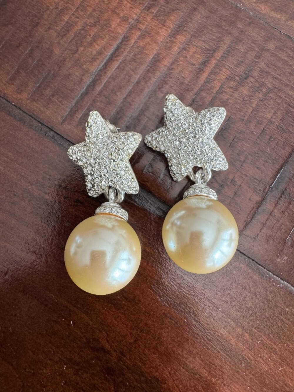 Signed Carolee Vintage Crystal Star Faux Pearl Drop Pierced Earrings